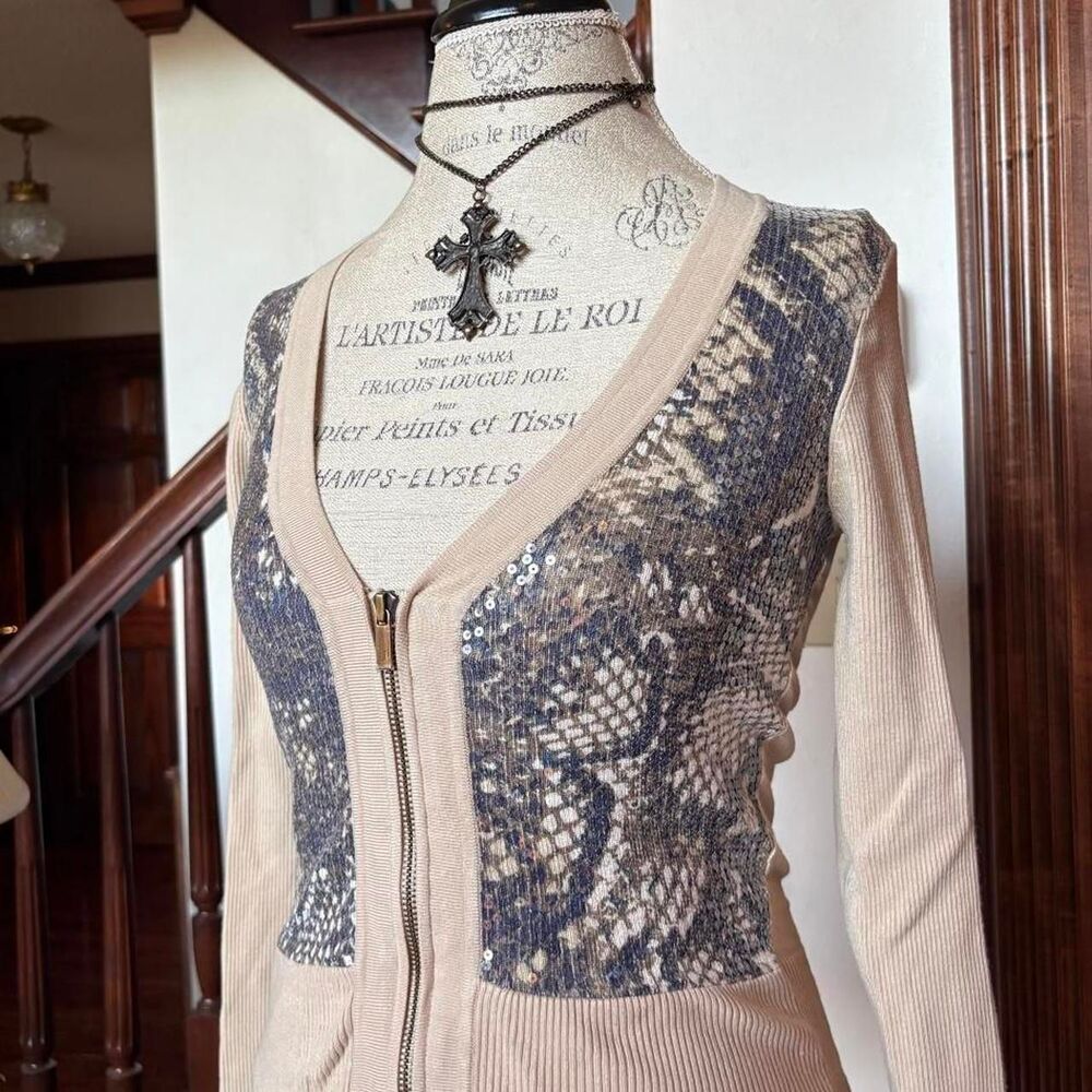 Cache Vintage Tan Sweater Blouse Top Sequins Snakeskin Print Zip Up Ribbed - Picture 2 of 5